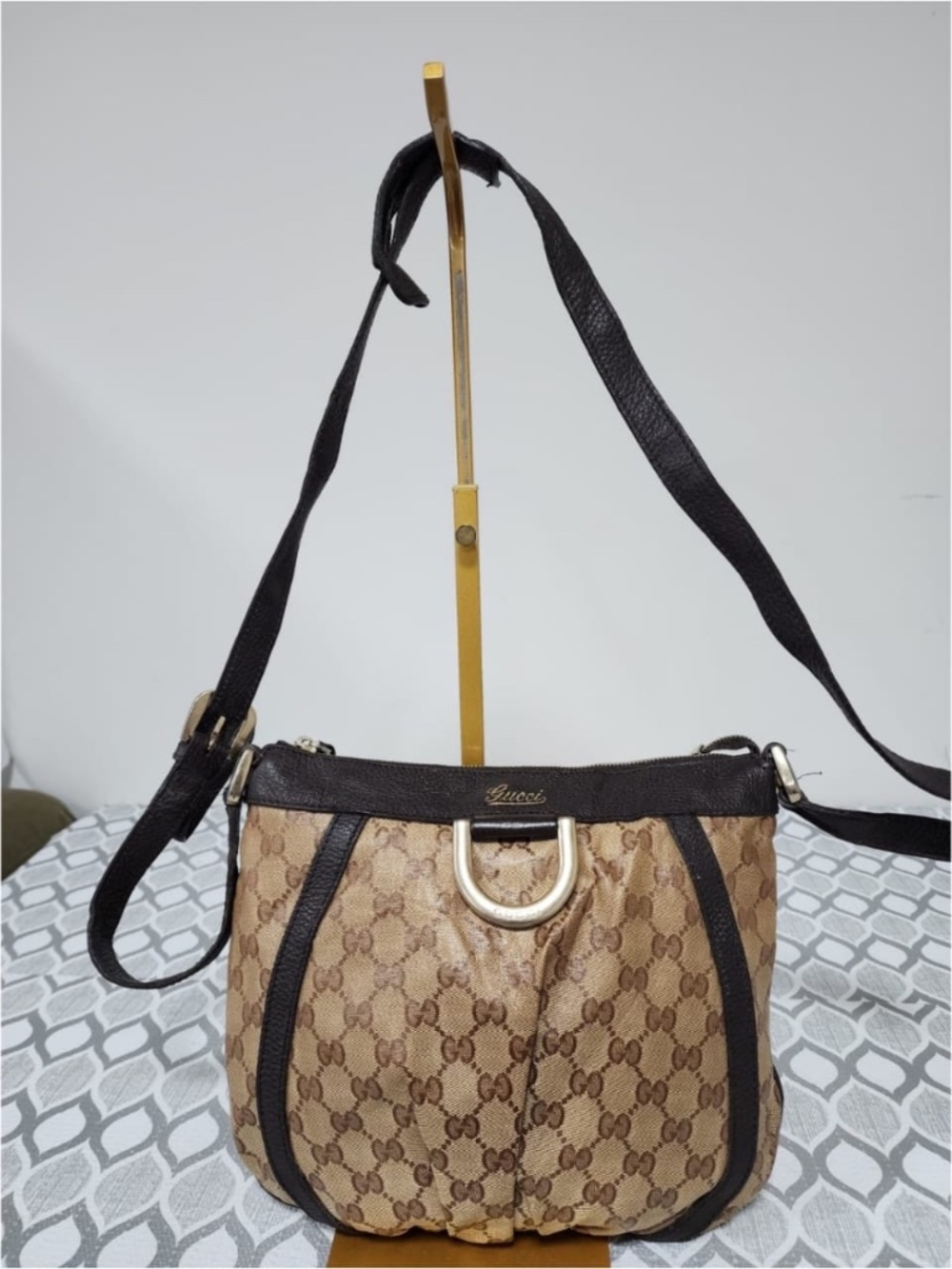 Authentic GUCCI Crystal Monogram Small D Gold Ring Messenger Bag Dark Brown/Beig